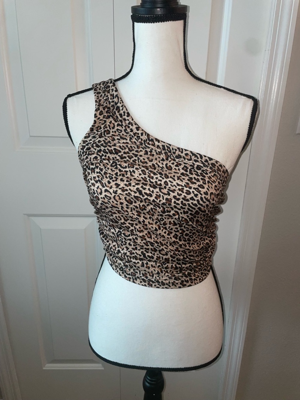 SHEIN One-Shoulder Leopard-Print Crop Top in Beige and Black